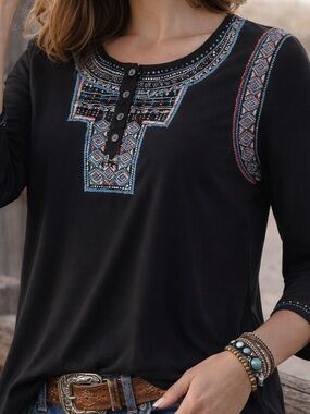 Black Top with Blue and Red Embroidery
